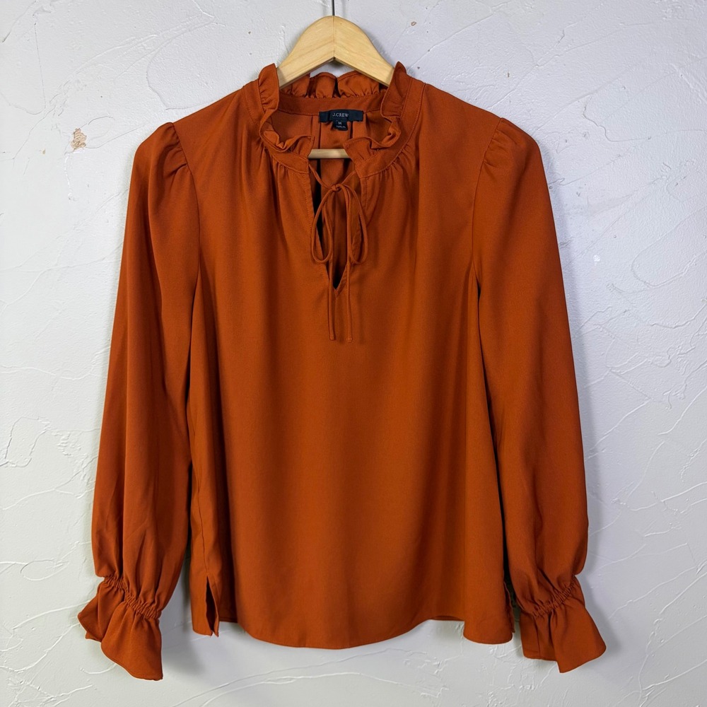 J Crew Ruffle Neck Tie Front Blouse Women Medium Burnt Orange Minimalist Boho